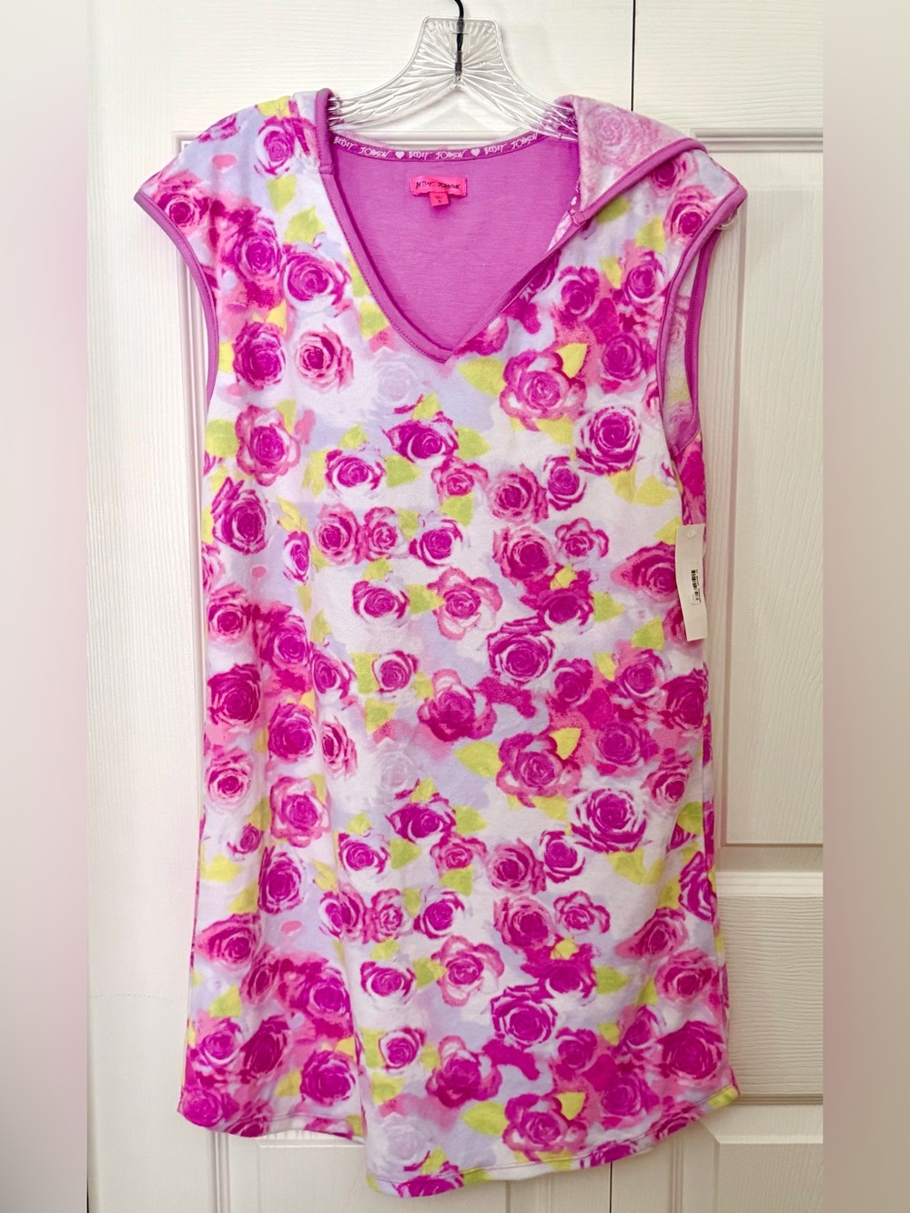 Betsey Johnson Hooded Swim CoverUp Terry Pink Rose Blossom Tunic Dress~ S ~ NWT